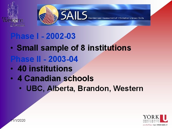 Phase I - 2002 -03 • Small sample of 8 institutions Phase II -
