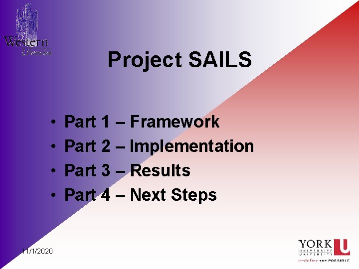 Project SAILS • • 11/1/2020 Part 1 – Framework Part 2 – Implementation Part