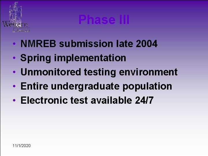 Phase III • • • NMREB submission late 2004 Spring implementation Unmonitored testing environment