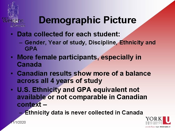 Demographic Picture • Data collected for each student: – Gender, Year of study, Discipline,