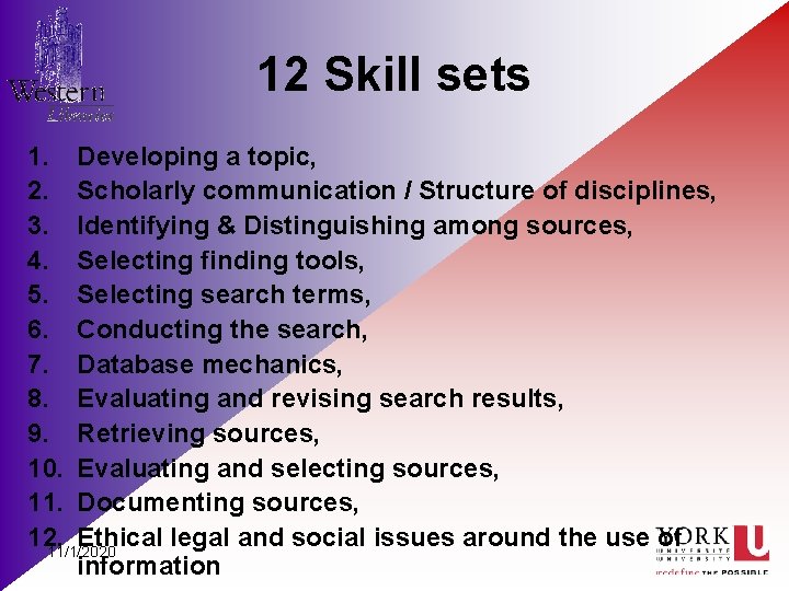 12 Skill sets 1. Developing a topic, 2. Scholarly communication / Structure of disciplines,