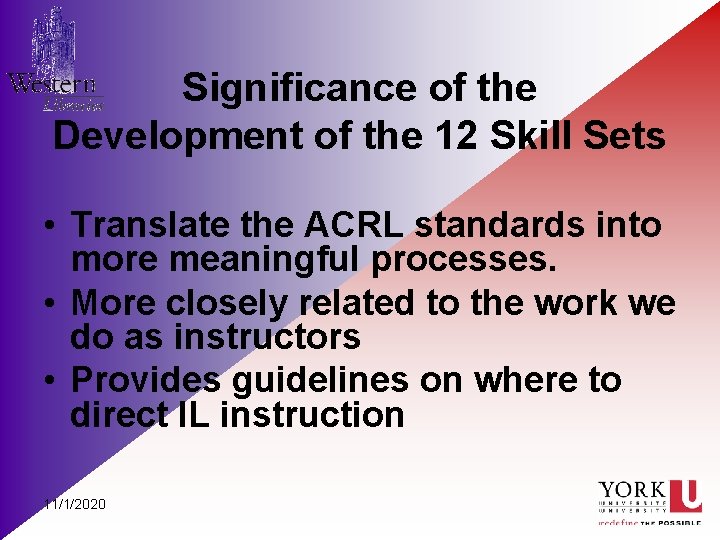 Significance of the Development of the 12 Skill Sets • Translate the ACRL standards