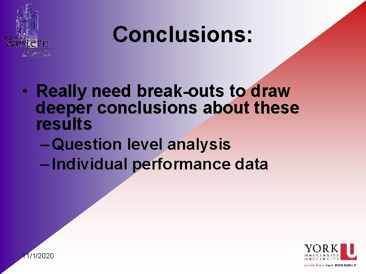 Conclusions: • Really need break-outs to draw deeper conclusions about these results – Question