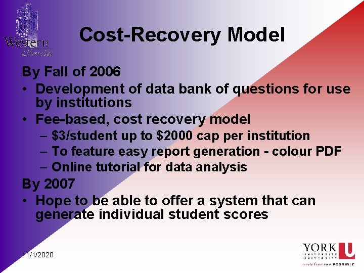 Cost-Recovery Model By Fall of 2006 • Development of data bank of questions for