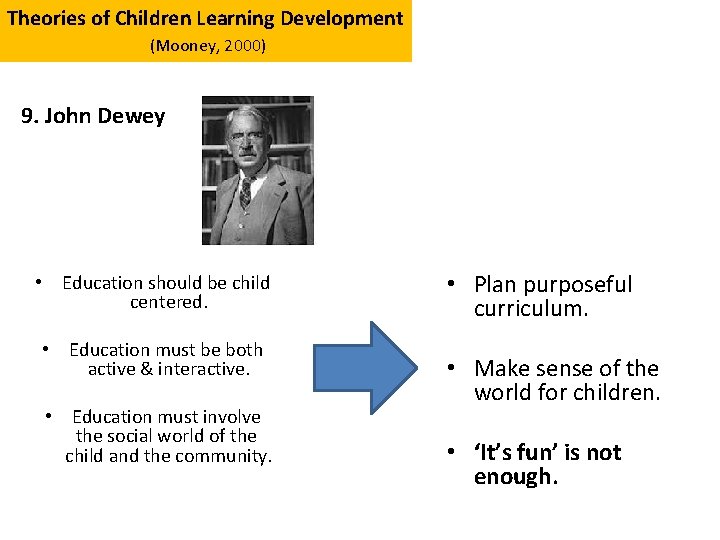 Theories of Children Learning Development (Mooney, 2000) 9. John Dewey • Education should be