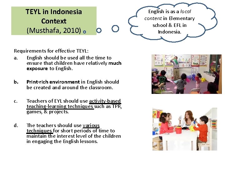 TEYL in Indonesia Context (Musthafa, 2010) Requirements for effective TEYL: a. English should be