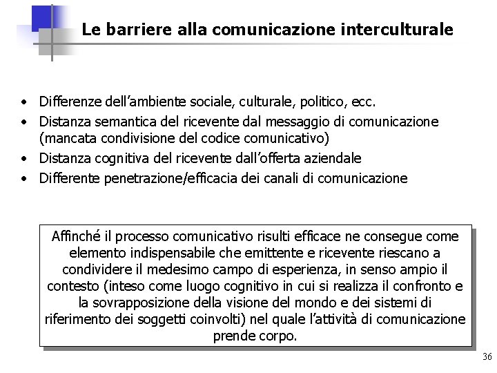 Le barriere alla comunicazione interculturale • Differenze dell’ambiente sociale, culturale, politico, ecc. • Distanza