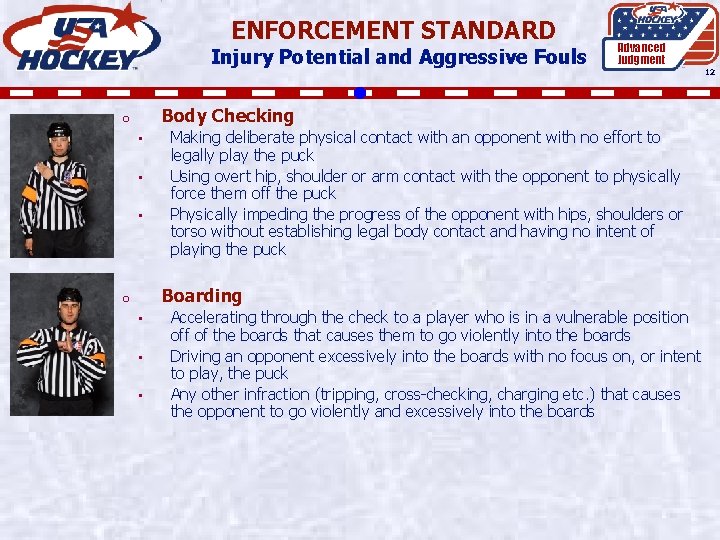 ENFORCEMENT STANDARD Injury Potential and Aggressive Fouls Advanced Judgment Body Checking o • •