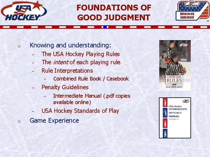 FOUNDATIONS OF GOOD JUDGMENT o Knowing and understanding: • • • The USA Hockey