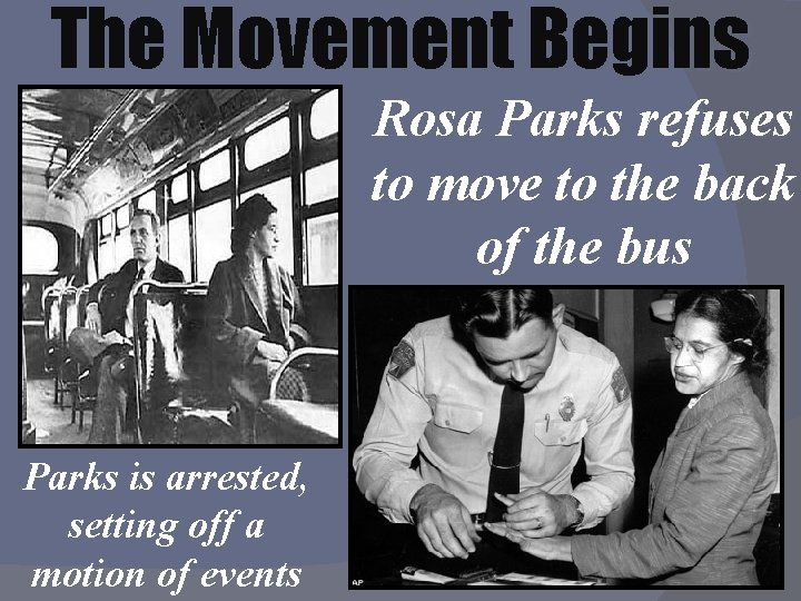 The Movement Begins Rosa Parks refuses to move to the back of the bus