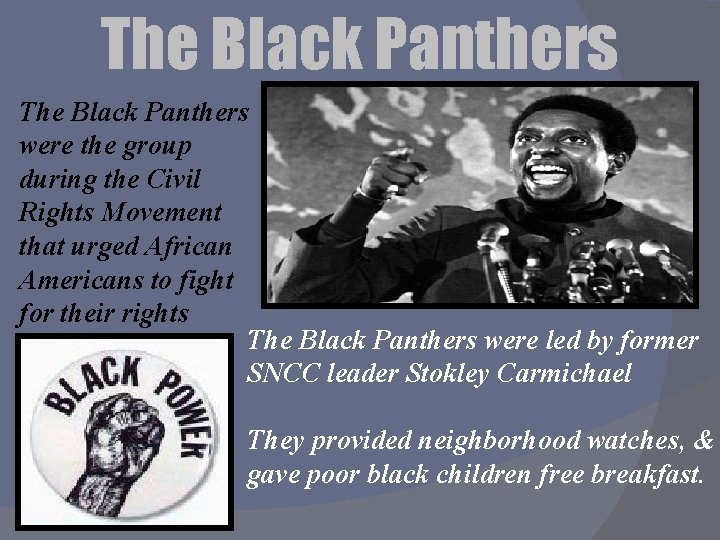 The Black Panthers were the group during the Civil Rights Movement that urged African