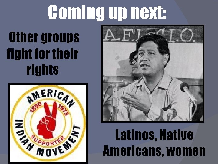 Coming up next: Other groups fight for their rights Latinos, Native Americans, women 