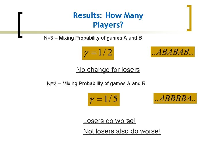 Results: How Many Players? N=3 – Mixing Probability of games A and B No