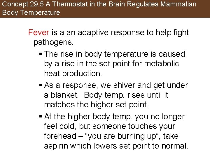 Concept 29. 5 A Thermostat in the Brain Regulates Mammalian Body Temperature Fever is