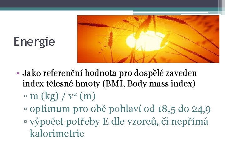 Energie • Jako referenční hodnota pro dospělé zaveden index tělesné hmoty (BMI, Body mass