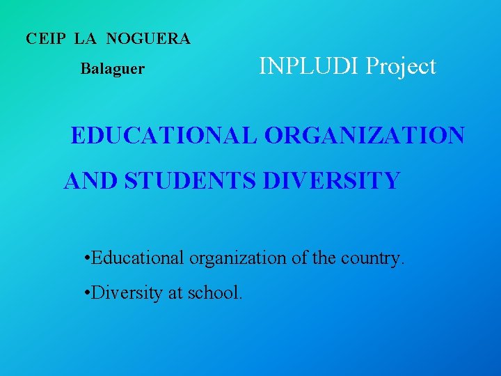 CEIP LA NOGUERA Balaguer INPLUDI Project EDUCATIONAL ORGANIZATION AND STUDENTS DIVERSITY • Educational organization