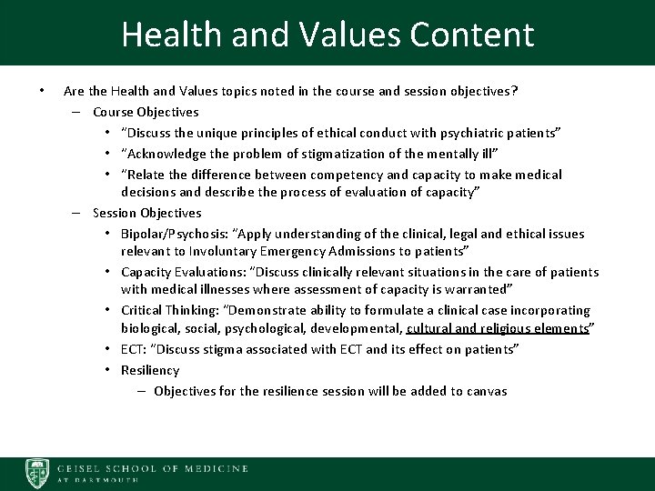 Health and Values Content • Are the Health and Values topics noted in the