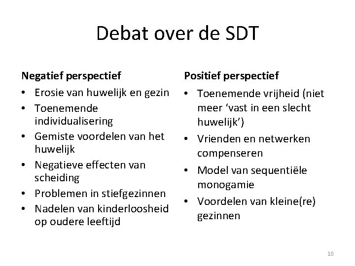 Debat over de SDT Negatief perspectief • Erosie van huwelijk en gezin • Toenemende