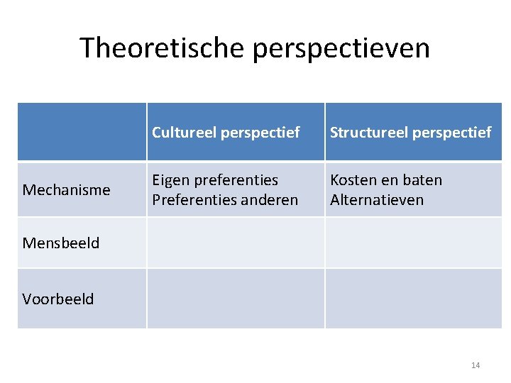 Theoretische perspectieven Mechanisme Cultureel perspectief Structureel perspectief Eigen preferenties Preferenties anderen Kosten en baten