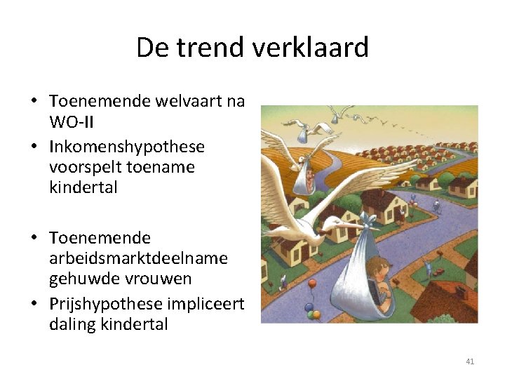 De trend verklaard • Toenemende welvaart na WO-II • Inkomenshypothese voorspelt toename kindertal •