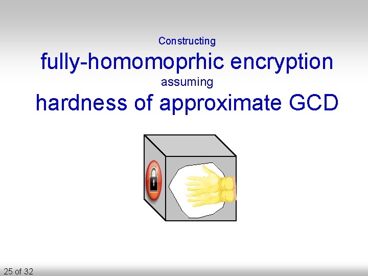 Constructing fully-homomoprhic encryption assuming hardness of approximate GCD 25 of 32 