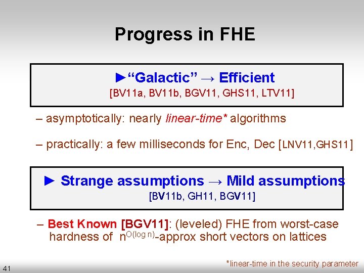 Progress in FHE ►“Galactic” → Efficient [BV 11 a, BV 11 b, BGV 11,