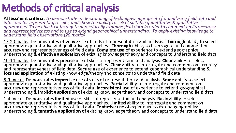 Methods of critical analysis Assessment criteria: To demonstrate understanding of techniques appropriate for analysing