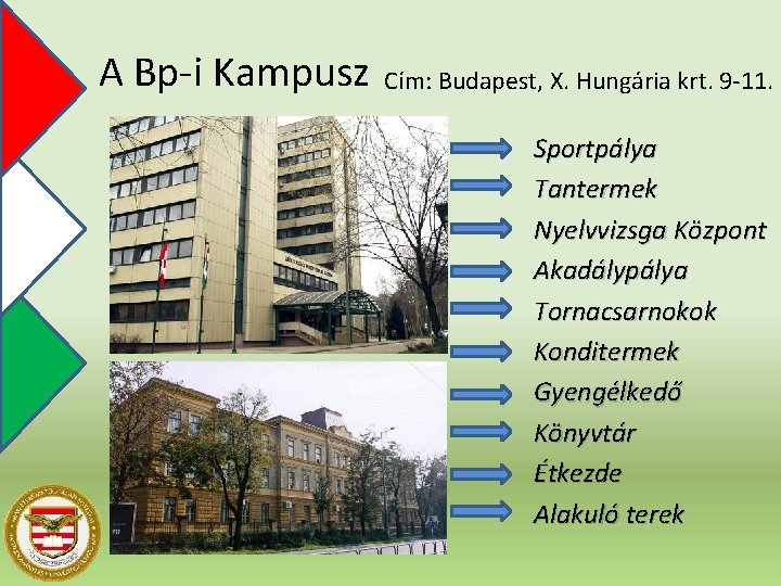 A Bp-i Kampusz Cím: Budapest, X. Hungária krt. 9 -11. Sportpálya Tantermek Nyelvvizsga Központ