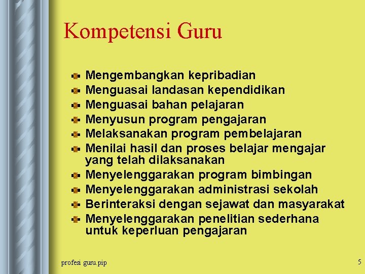 Kompetensi Guru Mengembangkan kepribadian Menguasai landasan kependidikan Menguasai bahan pelajaran Menyusun program pengajaran Melaksanakan