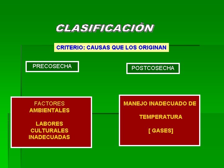 CRITERIO: CAUSAS QUE LOS ORIGINAN PRECOSECHA FACTORES AMBIENTALES POSTCOSECHA MANEJO INADECUADO DE TEMPERATURA LABORES