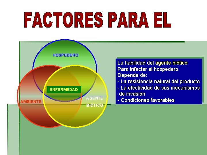 HOSPEDERO ENFERMEDAD AMBIENTE AGENTE BIÓTICO La habilidad del agente biótico Para infectar al hospedero HOSPEDERO ENFERMEDAD AMBIENTE AGENTE BIÓTICO La habilidad del agente biótico Para infectar al hospedero