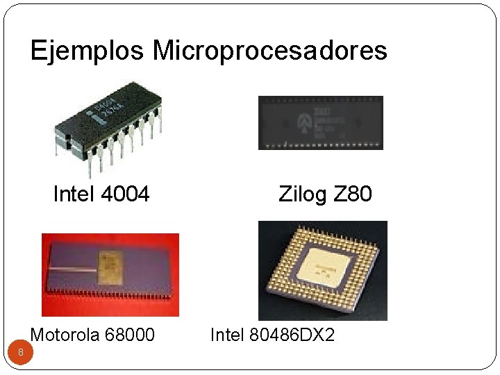 Ejemplos Microprocesadores Intel 4004 Motorola 68000 8 Zilog Z 80 Intel 80486 DX 2