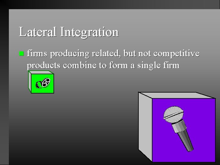 Lateral Integration n firms producing related, but not competitive products combine to form a