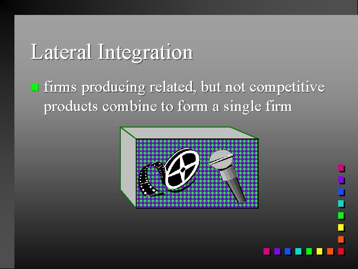 Lateral Integration n firms producing related, but not competitive products combine to form a