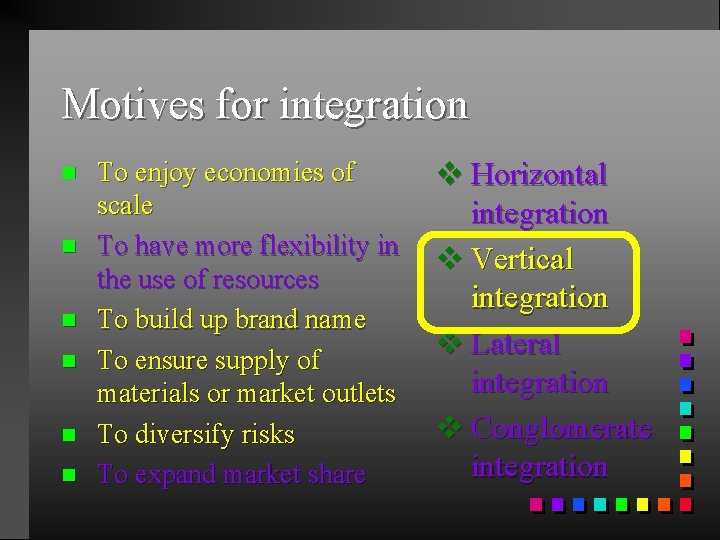 Motives for integration n n n To enjoy economies of scale To have more