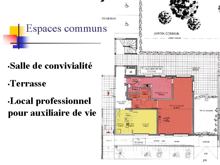 Espaces communs • Salle de convivialité • Terrasse Local professionnel pour auxiliaire de vie Espaces communs • Salle de convivialité • Terrasse Local professionnel pour auxiliaire de vie