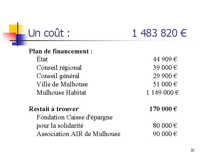 Un coût : Plan de financement : État Conseil régional Conseil général Ville de Un coût : Plan de financement : État Conseil régional Conseil général Ville de