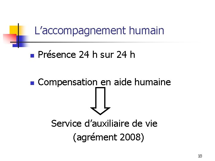 L’accompagnement humain n Présence 24 h sur 24 h n Compensation en aide humaine L’accompagnement humain n Présence 24 h sur 24 h n Compensation en aide humaine