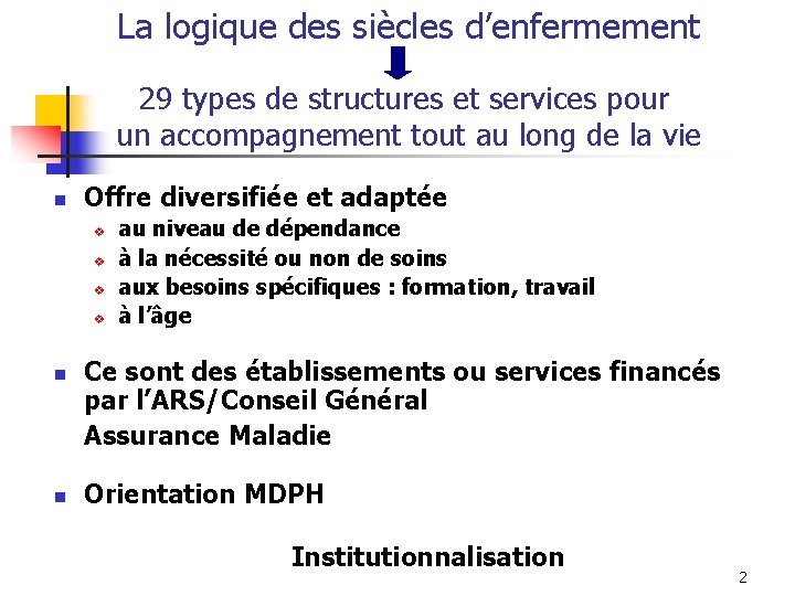 La logique des siècles d’enfermement 29 types de structures et services pour un accompagnement La logique des siècles d’enfermement 29 types de structures et services pour un accompagnement