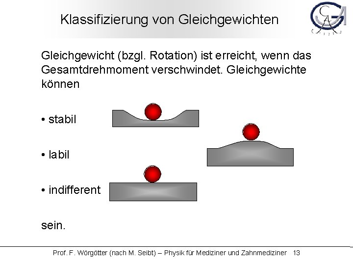 Klassifizierung von Gleichgewichten Gleichgewicht (bzgl. Rotation) ist erreicht, wenn das Gesamtdrehmoment verschwindet. Gleichgewichte können