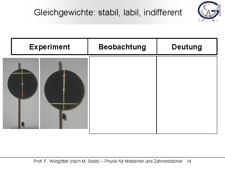 Gleichgewichte: stabil, labil, indifferent Experiment Beobachtung Deutung Prof. F. Wörgötter (nach M. Seibt) --