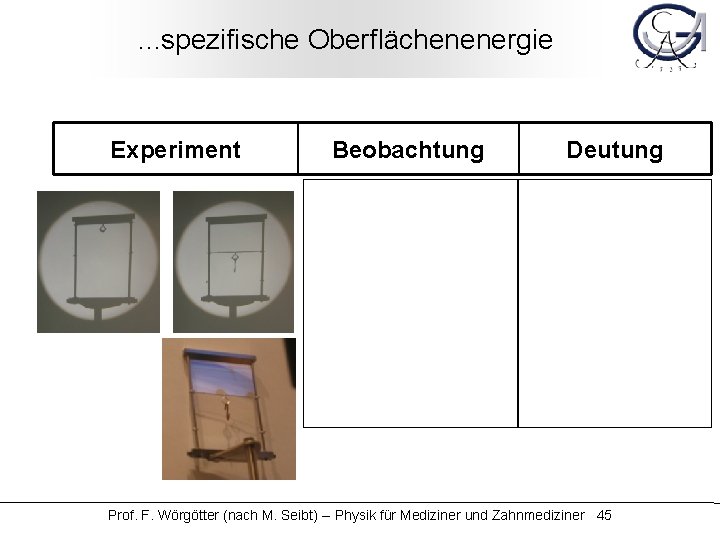 . . . spezifische Oberflächenenergie Experiment Beobachtung Deutung Prof. F. Wörgötter (nach M. Seibt)