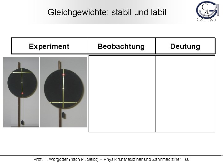 Gleichgewichte: stabil und labil Experiment Beobachtung Deutung Prof. F. Wörgötter (nach M. Seibt) --