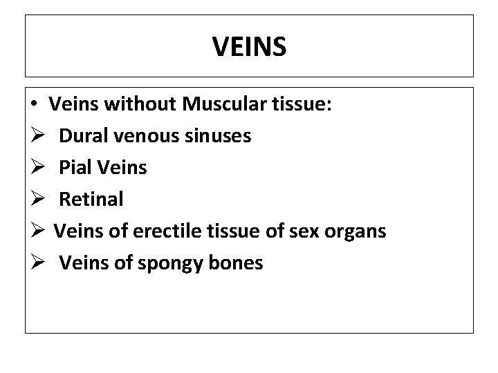 VEINS • Veins without Muscular tissue: Ø Dural venous sinuses Ø Pial Veins Ø