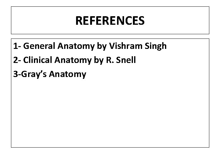 REFERENCES 1 - General Anatomy by Vishram Singh 2 - Clinical Anatomy by R.