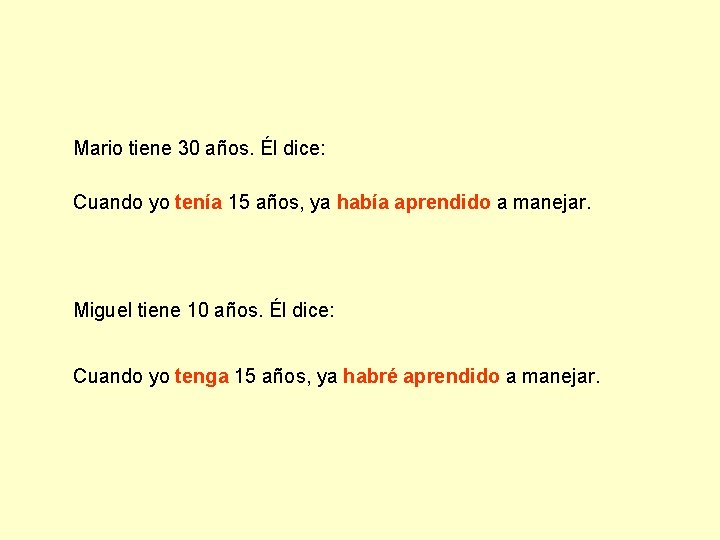 Mario tiene 30 años. Él dice: Cuando yo tenía 15 años, ya había aprendido