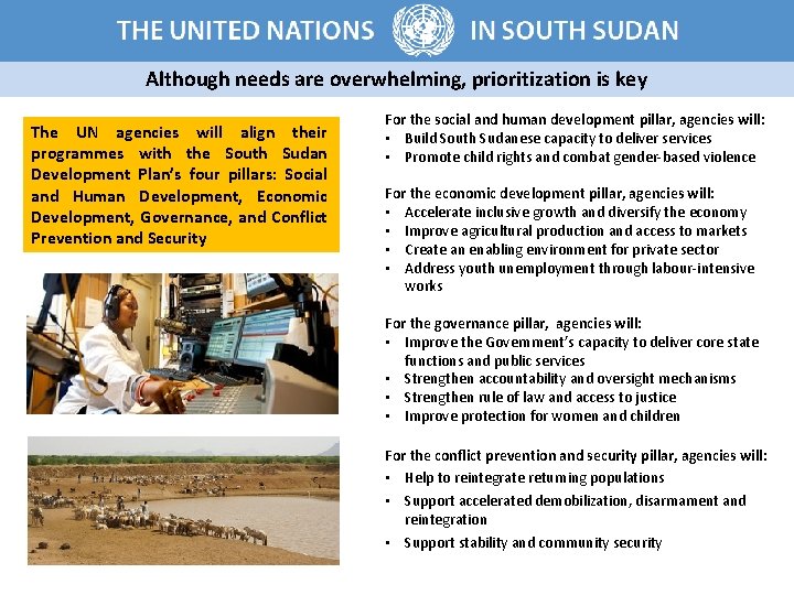 Although needs are overwhelming, prioritization is key The UN agencies will align their programmes
