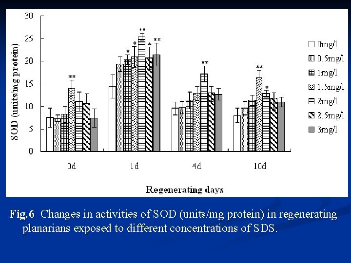 Fig. 6 Changes in activities of SOD (units/mg protein) in regenerating planarians exposed to