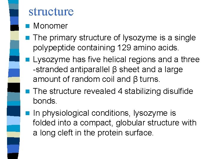 structure n n n Monomer The primary structure of lysozyme is a single polypeptide