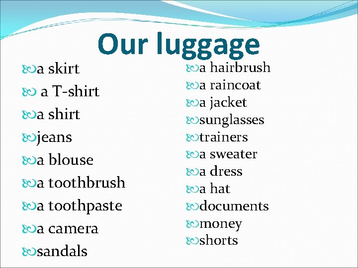 Our luggage a skirt a T-shirt a shirt jeans a blouse a toothbrush a